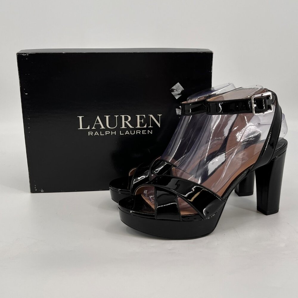 LAUREN Ralph Lauren Sasha Patent Leather Platform Sandal Size 10 B Black Heels